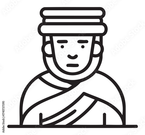 Black outline icon of a man wearing a turban, with a neutral facial expression and a wrapped garment. ideal for cultural and traditional themes.