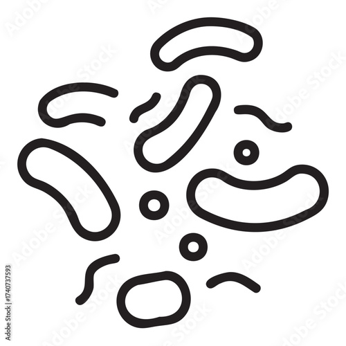 Black outline icon of abstract microorganisms in various shapes arranged randomly. minimal linear design for science, biology, and microbiology concepts.