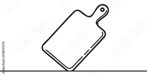 Minimalistic black outline illustration of a simple rectangular cutting board with a handle, depicted at an angle.