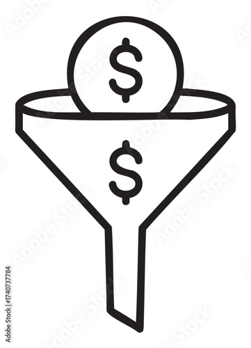 Black outline icon depicting a funnel with a dollar sign, illustrating a concept of financial filtering or money management.