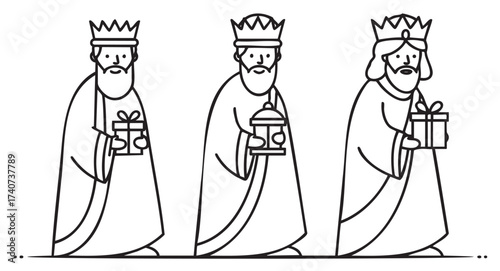 Three male figures wearing crowns and robes, each holding a gift, depicted in a simple black outline style.