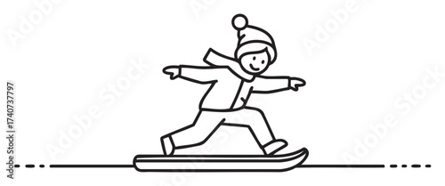 Black outline vector illustration of a child in winter clothing with a hat, scarf, and jacket, enjoying snowboarding with arms extended for balance.
