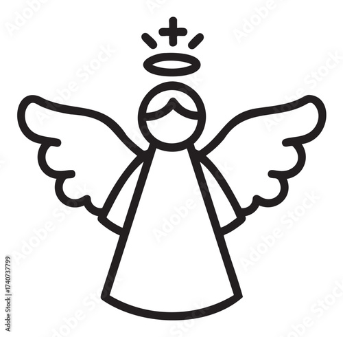 Black outline icon of an angel with a halo and wings, featuring a minimalistic design suitable for spiritual and religious concepts.
