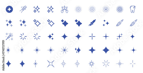 Collection of Blue Sparkle and Star Icons for Design and Celebration
