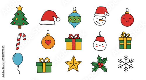 Festive Christmas Icons Collection Featuring Tree, Snowman, Gifts, and Ornaments.