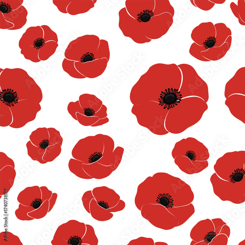 Seamless pattern of red poppies on decorative floral design for textiles and paper isolated on transparent background