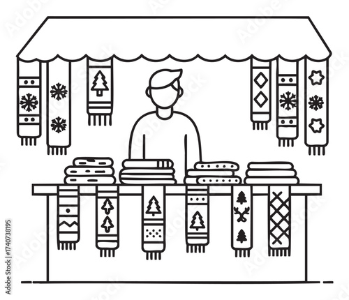Black outline vector icon of a male vendor standing at a stall with a variety of patterned scarves displayed. minimal illustration for market, sales, and crafts concepts.