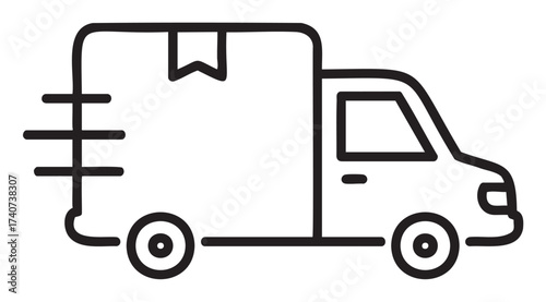 Black outline icon of a delivery truck with a parcel symbol on the side, suggesting speed and efficiency in transportation.