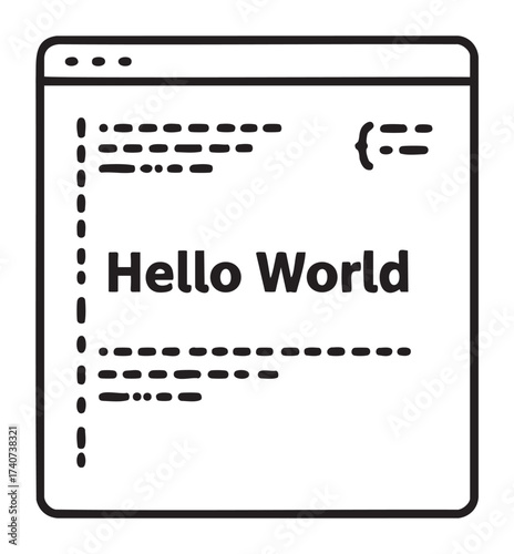 Black outline vector icon of a computer window displaying the text "hello world" surrounded by code elements, representing programming concepts.