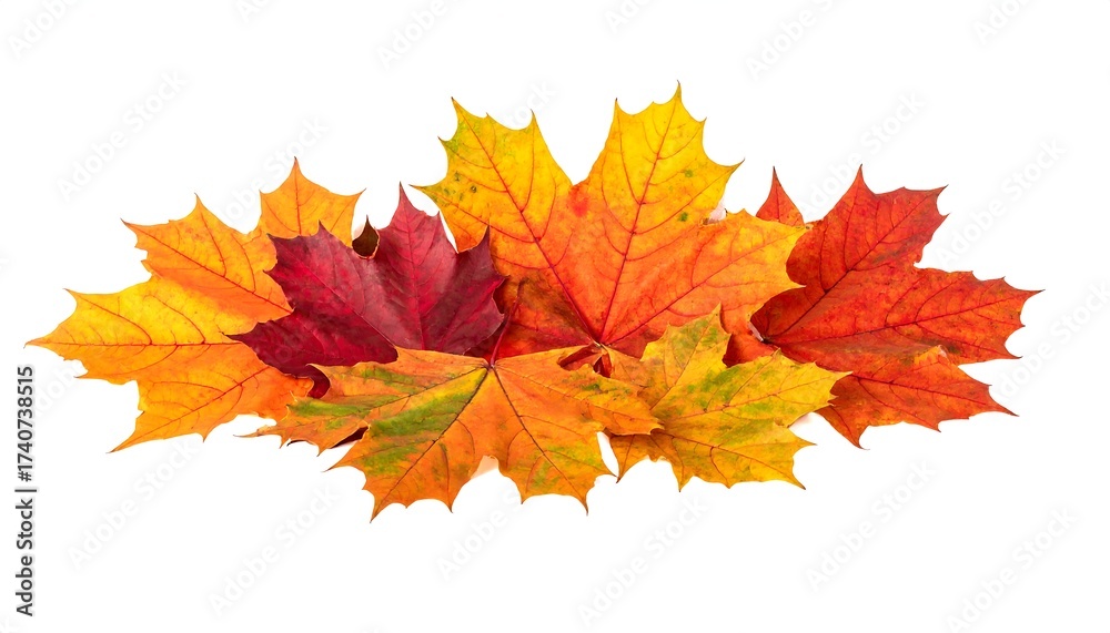 Fototapeta premium A vibrant composition showcasing an array of colorful maple leaves in autumn hues, set against a clean white background