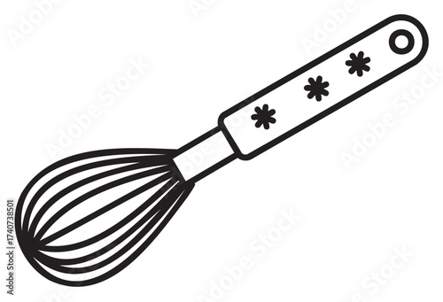 Black outline drawing of a hand whisk with a sturdy handle featuring decorative stars, ideal for kitchen and cooking themes.