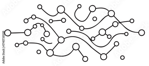Abstract black outline design of interconnected nodes and lines depicting a network or digital connection theme.