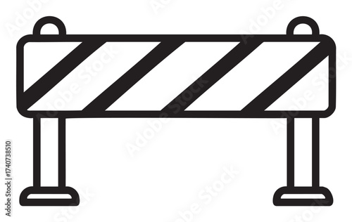 Black outline illustration of a simple construction barrier with diagonal stripes and two supporting posts.