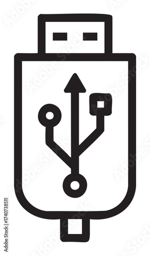 Black outline icon of a usb connector showing a standard usb symbol, used for data transfer and charging devices.