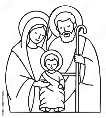 Black outline drawing of a religious scene featuring a young child with a halo, flanked by a man holding a staff and a woman in robes.
