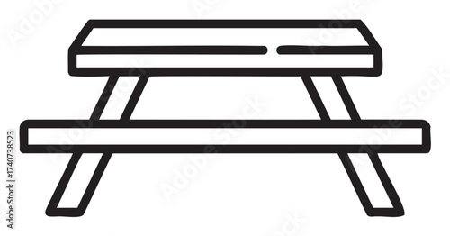 Black outline vector icon of a simple rectangular picnic table with attached benches. minimal linear illustration suitable for outdoor and recreational concepts.