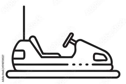Black outline icon of a simple bumper car with antenna on a flat base, suitable for amusement park and fun ride concepts.