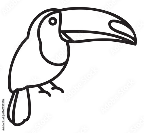 Simple black outline vector icon of a toucan with a large, curved beak facing right. minimal design for wildlife, nature, and bird concepts.