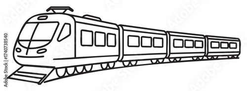 Black outline drawing of a modern passenger train with multiple connected cars, depicted in a side view with detailed windows and wheels.