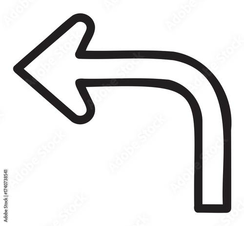 Black outline icon of a simple left-turn arrow with a curved design, commonly used for indicating direction or navigation.