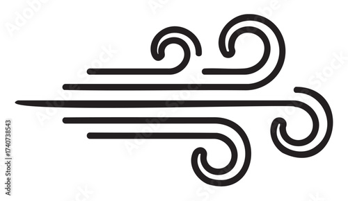 Black outline icon of wind gusts with flowing, curved lines depicting motion and air movement.