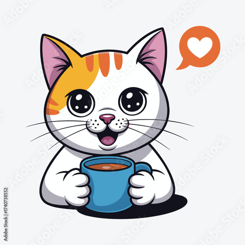 Cartoon cat holding a blue mug with a heart in a speech bubble cute kawaii.