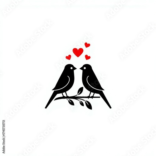 Minimalist black silhouette of two birds sitting on a branch with red hearts above them symbolizing love and romance