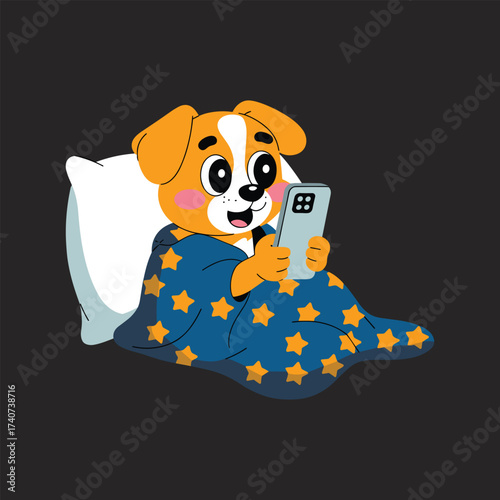 Cartoon Dog Lying In Bed With Blanket Using Smartphone At Night.