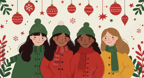 Four diverse young girls in winter clothing celebrating Christmas.