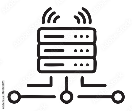 Black outline vector icon of a server stack with network connectivity lines, symbolizing data exchange and digital communication.