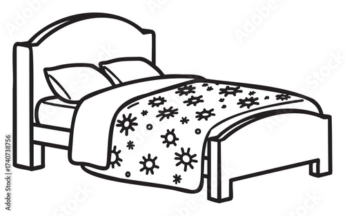 Simple black and white line drawing of a bed with an ornate floral-patterned blanket, including two pillows.