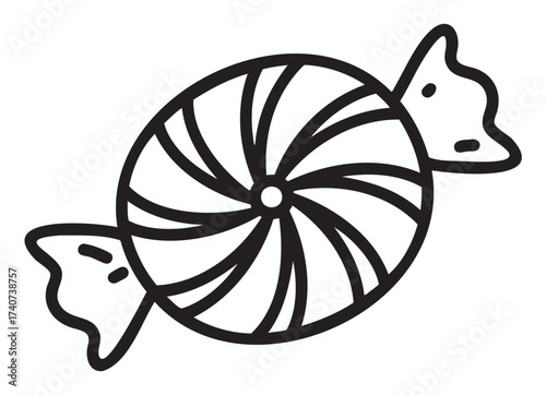 Black outline of a swirled hard candy with twisted wrappers on both ends, in a simple and minimal design.