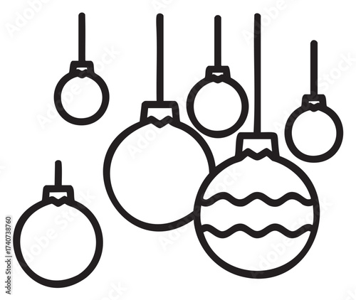 Black outline illustration of various christmas ornaments with strings, featuring assorted shapes and one with a wavy pattern.