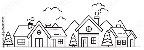 Black outline drawing of three cozy houses with chimneys and trees, set against a backdrop of rolling hills and fluffy clouds.