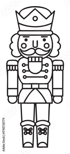 Black outline of a nutcracker soldier with a detailed uniform, mustache, and crown, featuring traditional design elements.