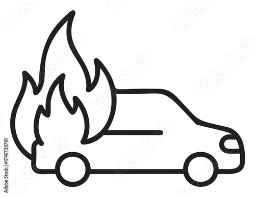 Black outline icon of a car on fire with large flames emerging from the vehicle's rear. simple linear design representing danger or accident concepts.