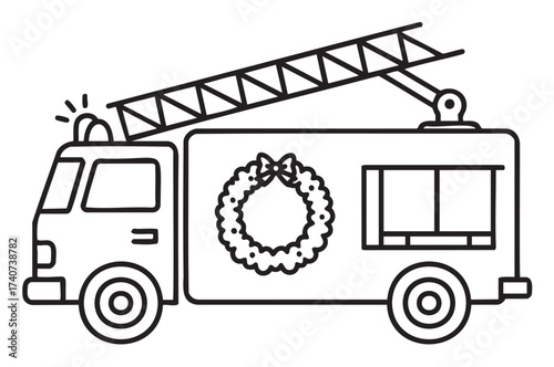 Black outline of a festive fire truck adorned with a holiday wreath and an extended ladder on top.