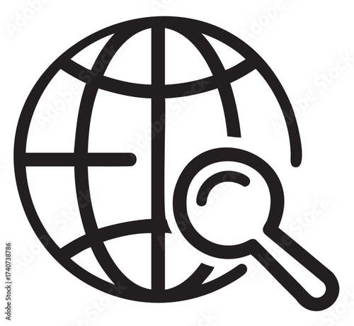 Black outline icon of a globe with a magnifying glass symbolizing global search and internet exploration.