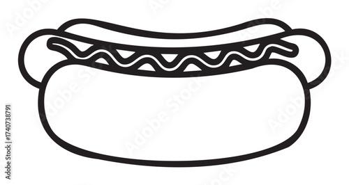 Black outline vector of a hot dog with wavy mustard on top, showcasing a classic food icon for fast food and snack concepts.