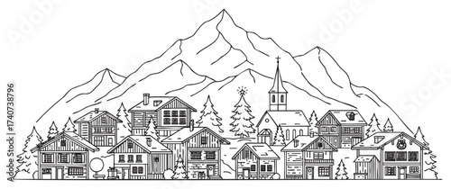 Black and white linear illustration of an alpine village with traditional wooden houses, a church with a steeple, and a mountainous backdrop.