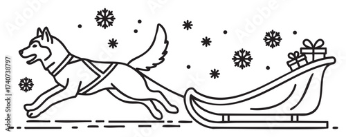 Black outline vector icon of a sled dog pulling a sleigh filled with wrapped gifts, surrounded by falling snowflakes.