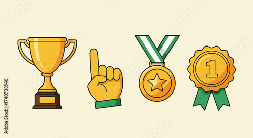 Golden Trophy, Number One Finger, Medal, and Award Ribbon Celebrating Victory.