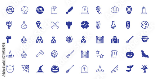 Collection of Halloween-themed icons including pumpkins, ghosts, skulls, and more