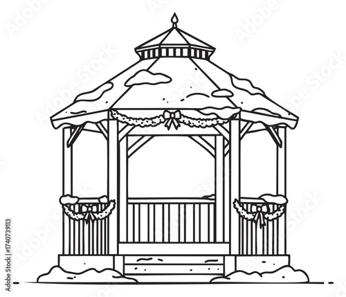 Black outline drawing of a snow-covered gazebo adorned with decorative garlands, showcasing detailed architectural elements in a minimalistic style.