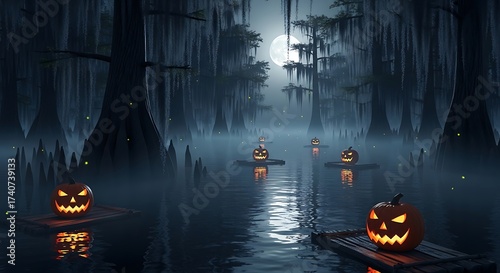 A witch's serene yet spooky journey through a moonlit swamp adorned with glowing pumpkin lights for Halloween