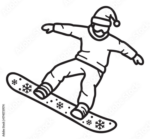Black outline vector icon of a child snowboarding with snowflakes on the board, wearing a winter hat and goggles.