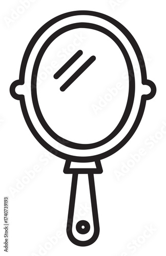 Black outline vector icon of a simple handheld oval mirror with a handle. clean linear design for beauty, grooming, and personal care concepts.
