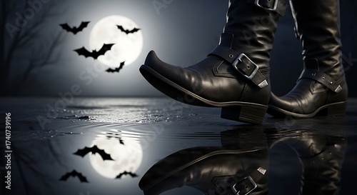 Spooky Halloween night scene with gothic boots reflecting a full moon and bats