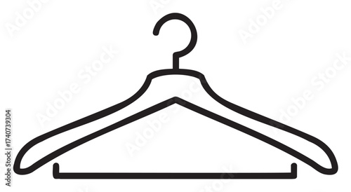 Black outline icon of a simple wooden hanger with a hook, used for hanging clothes in wardrobes or closets.