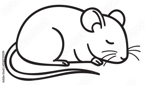 Black outline drawing of a sleeping mouse with closed eyes and curled tail, showing minimalistic and simple art style.